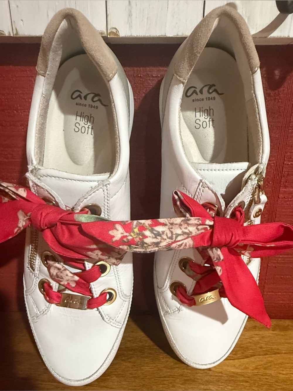 Ara Women's White Sneakers with Red Floral Scarf Laces